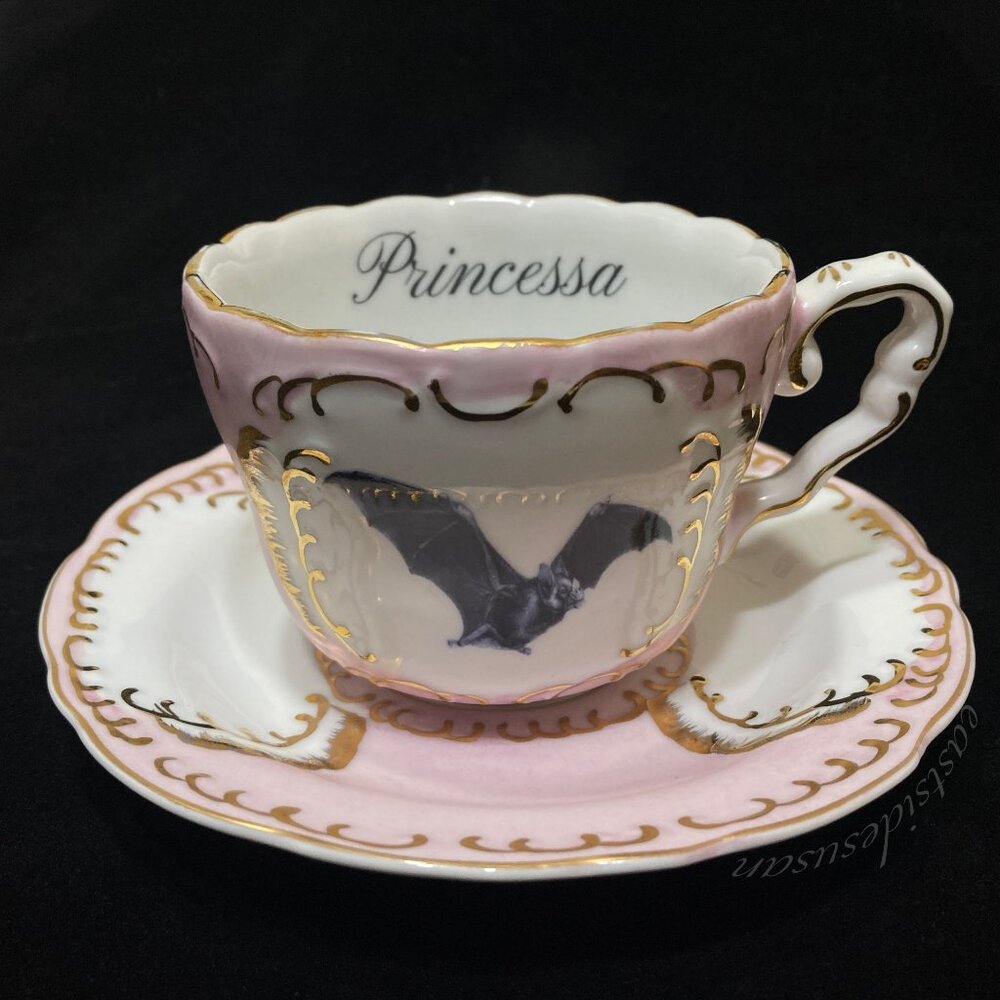 Goth Princess Teacup & Saucer with Hand painted Gold Details & Bat Decoration 🦇